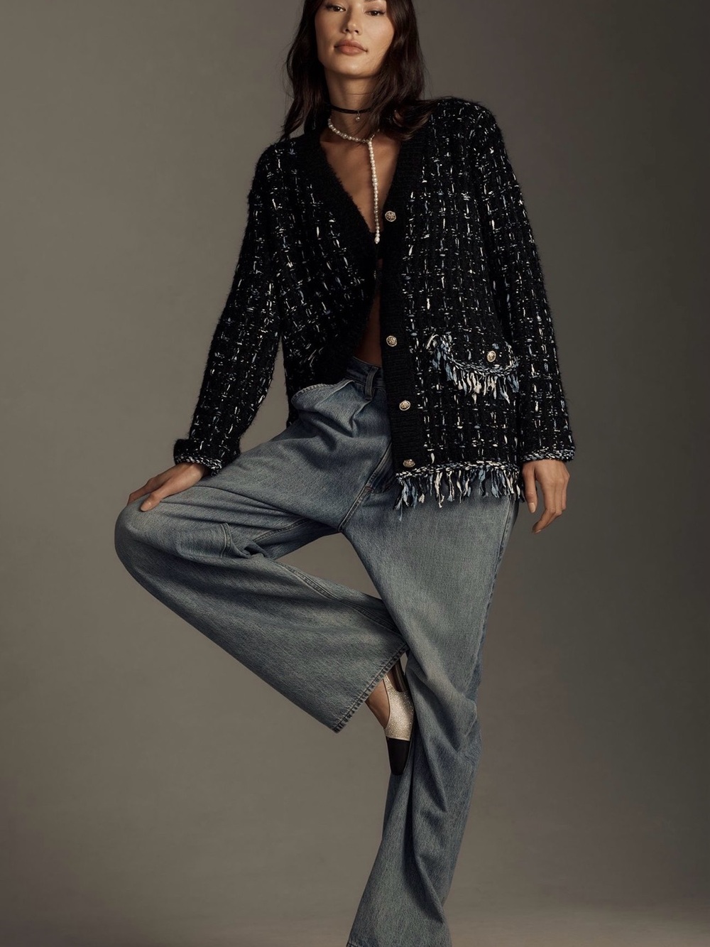 By Anthropologie, Black Tweed Fringe Button Cardigan